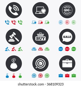 Online shopping, e-commerce and business icons. Auction, phone call and sale signs. Cash money, case and target symbols. Flat circle buttons with icons.