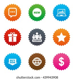 Online shopping, e-commerce and business icons. Gift box, chat message and star signs. Chart, dollar and clients symbols. Stars label button with flat icons. Vector