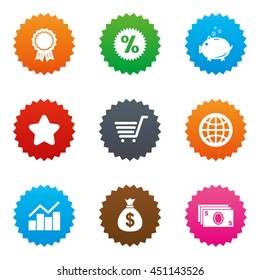 Online shopping, e-commerce and business icons. Piggy bank, award and star signs. Cash money, discount and statistics symbols. Stars label button with flat icons. Vector