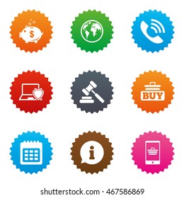Online shopping, e-commerce and business icons. Auction, phone call and information signs. Piggy bank, calendar and smartphone symbols. Stars label button with flat icons. Vector