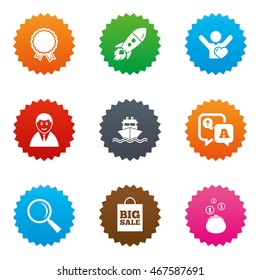 Online shopping, e-commerce and business icons. Startup, award and customers like signs. Cash money, shipment and sale symbols. Stars label button with flat icons. Vector