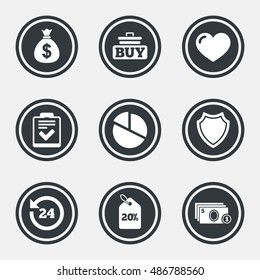 Online shopping, e-commerce and business icons. Checklist, like and pie chart signs. Money bag, discount and protection symbols. Circle flat buttons with icons and border. Vector