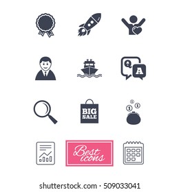 Online shopping, e-commerce and business icons. Startup, award and customers like signs. Cash money, shipment and sale symbols. Report document, calendar icons. Vector
