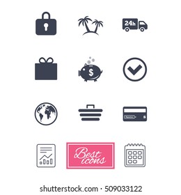 Online shopping, e-commerce and business icons. Credit card, gift box and protection signs. Piggy bank, delivery and tick symbols. Report document, calendar icons. Vector
