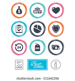 Online shopping, e-commerce and business icons. Checklist, like and pie chart signs. Money bag, discount and protection symbols. Report document, information icons. Vector