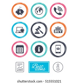 Online shopping, e-commerce and business icons. Auction, phone call and information signs. Piggy bank, calendar and smartphone symbols. Report document, information. Vector