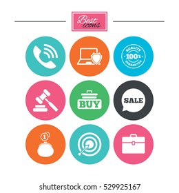 Online shopping, e-commerce and business icons. Auction, phone call and sale signs. Cash money, case and target symbols. Colorful flat buttons with icons. Vector