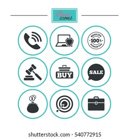 Online shopping, e-commerce and business icons. Auction, phone call and sale signs. Cash money, case and target symbols. Round flat buttons with icons. Vector