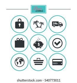 Online shopping, e-commerce and business icons. Credit card, gift box and protection signs. Piggy bank, delivery and tick symbols. Round flat buttons with icons. Vector