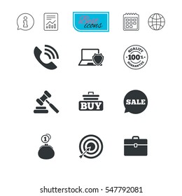 Online shopping, e-commerce and business icons. Auction, phone call and sale signs. Cash money, case and target symbols. Report document, calendar and information web icons. Vector