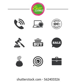 Online shopping, e-commerce and business icons. Auction, phone call and sale signs. Cash money, case and target symbols. Classic simple flat icons. Vector