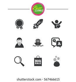 Online shopping, e-commerce and business icons. Startup, award and customers like signs. Cash money, shipment and sale symbols. Classic simple flat icons. Vector