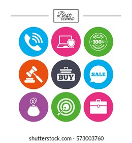 Online shopping, e-commerce and business icons. Auction, phone call and sale signs. Cash money, case and target symbols. Classic simple flat icons. Vector