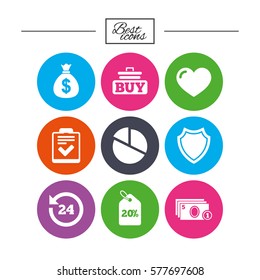 Online shopping, e-commerce and business icons. Checklist, like and pie chart signs. Money bag, discount and protection symbols. Classic simple flat icons. Vector