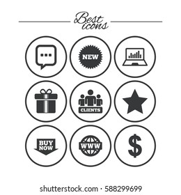Online shopping, e-commerce and business icons. Gift box, chat message and star signs. Chart, dollar and clients symbols. Classic simple flat icons. Vector