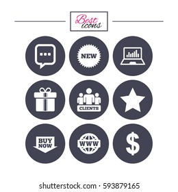 Online shopping, e-commerce and business icons. Gift box, chat message and star signs. Chart, dollar and clients symbols. Classic simple flat icons. Vector