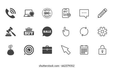 Online shopping, e-commerce and business icons. Auction, phone call and sale signs. Cash money, case and target symbols. Chat, Report and Calendar line signs. Service, Pencil and Locker icons. Vector