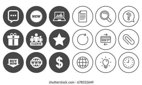 Online shopping, e-commerce and business icons. Gift box, chat message and star signs. Chart, dollar and clients symbols. Document, Globe and Clock line signs. Lamp, Magnifier and Paper clip icons