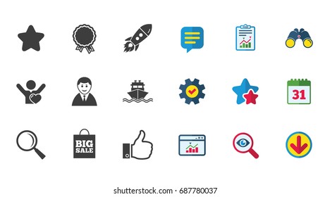 Online shopping, e-commerce and business icons. Start up, award and customers like signs. Big sale, shipment and favorite symbols. Calendar, Report and Download signs. Stars, Service and Search icons