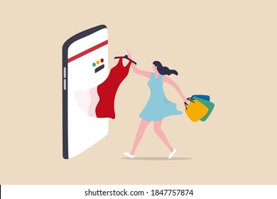 Online shopping e-commerce or buy and purchasing products through computer website and mobile app concept, beauty young lady holding shopping bags pulling stylish dress from smartphone, mobile display