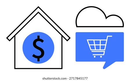 Online shopping, e-commerce, cloud storage, digital finance, home finances, payment platforms. A house with a dollar sign, shopping cart in a cloud speech bubble. Online shopping and e-commerce