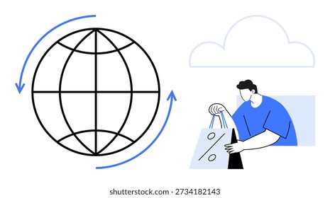 Online shopping, eCommerce, cloud technology, global trade, retail commerce, digital marketplaces. A globe with arrows, a cloud and a person holding a shopping bag. Online shopping and eCommerce