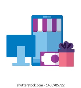 online shopping ecommerce computer smartphone money gift vector illustration