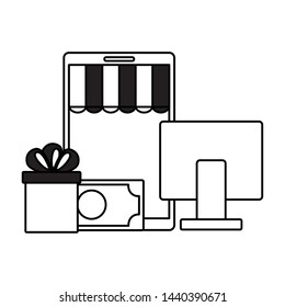 online shopping ecommerce computer smartphone money gift vector illustration
