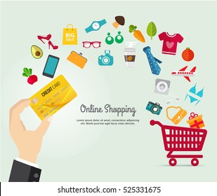 Online shopping e-commerce concept. business order item store online on smartphone,tablet and Pay by credit card quick and easy.Can used for infographic,web advertising.Market vector illustration