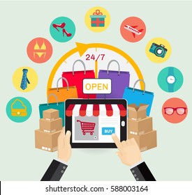 Online shopping e-commerce concept. business order item store online on smartphone open 24 hours and Pay by credit card quick and easy.Can used for infographic,web advertising.vector illustration