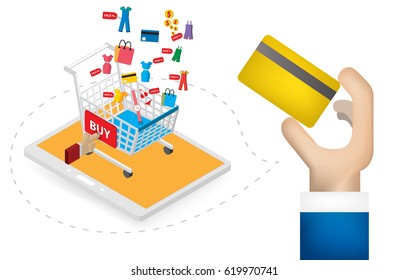 Online shopping e-commerce concept. business order item store online on smartphone,tablet and Pay by credit card quick and easy.Can used for infographic,web advertising.Market vector illustration