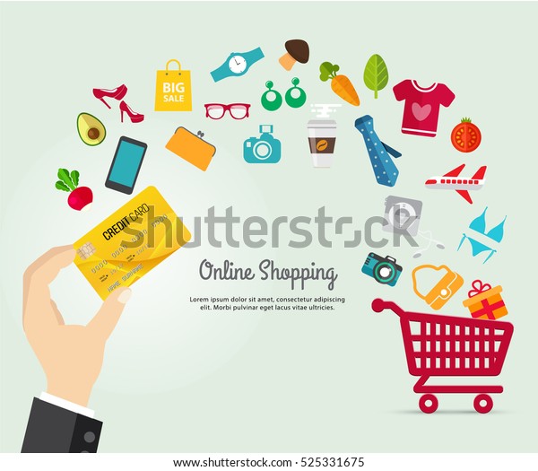 Online shopping e-commerce concept. business\
order item store online on smartphone,tablet and Pay by credit card\
quick and easy.Can used for infographic,web advertising.Market\
vector illustration