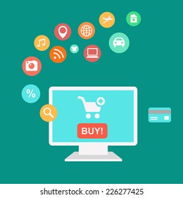 Online shopping and e-commerce concept,  buying product, online shop with shopping elements. Isolated on stylish background.