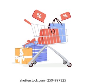 Online shopping, e-commerce concept with shopping cart and present boxes. Black friday sale poster with shopping cart and bags for clothing isolated vector illustration