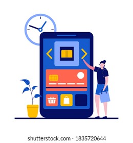 Online shopping and ecommerce concept with character. People buy on e-commerce from store to buyer. Sale for consumer person.Modern flat style for landing page, mobile app, infographics, hero images.