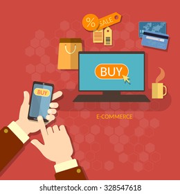 Online shopping e-commerce concept coupons sale mobile shopping man holding smart phone credit cards vector concept  