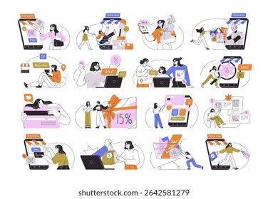 Online shopping, e-commerce concept. Customer buying and paying in internet, virtual store sale on mobile phone app. Digital ecommerce set. Flat vector illustration isolated on white background
