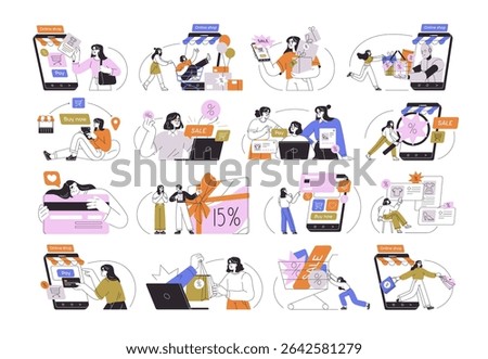 Online shopping, e-commerce concept. Customer buying and paying in internet, virtual store sale on mobile phone app. Digital ecommerce set. Flat vector illustration isolated on white background
