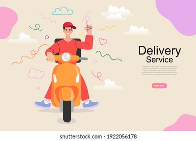 Online shopping E-commerce concept. Online delivery service concept. Fast delivery by scooter via mobile phone. Man riding scooter. Vector illustration.