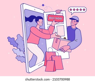 Online shopping. Ecommerce concept. Online delivery service concept. Fast delivery via mobile phone. Smartphone marketing and e-commerce. Vector outline illustration.