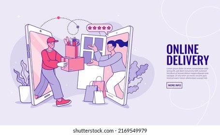 Online shopping. Ecommerce concept. Online delivery service concept. Fast delivery via mobile phone. Smartphone marketing and e-commerce. Vector outline illustration.