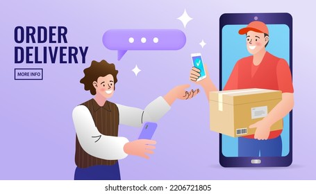 Online shopping. Ecommerce concept. Online delivery service concept. Fast delivery via mobile phone. Smartphone marketing and e-commerce. Vector outline illustration.