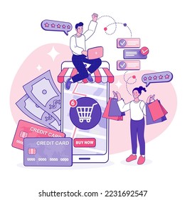 Online shopping. Ecommerce concept. Online delivery service concept. Fast delivery via mobile phone. Smartphone marketing and e-commerce. Vector outline illustration.