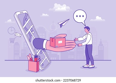 Online shopping. Ecommerce concept. Online delivery service concept. Fast delivery via mobile phone. Smartphone marketing and e-commerce. Vector outline illustration.