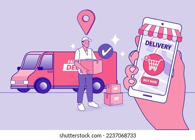 Online shopping. Ecommerce concept. Online delivery service concept. Fast delivery via mobile phone. Smartphone marketing and e-commerce. Vector outline illustration.