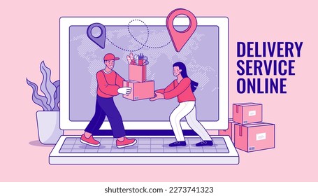 Online shopping. Ecommerce concept. Online delivery service concept. Fast delivery via laptop. Smartphone marketing and e-commerce. Vector outline illustration.
