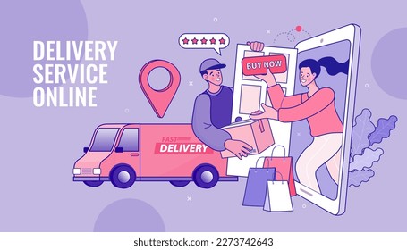 Online shopping. Ecommerce concept. Online delivery service concept. Fast delivery via mobile phone. Smartphone marketing and e-commerce. Vector outline illustration.