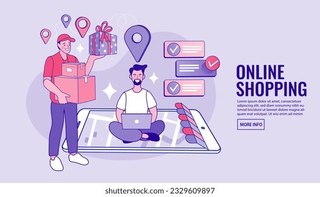 Online shopping. Ecommerce concept. Online delivery service concept. Fast delivery via mobile phone. Smartphone marketing and e-commerce. Vector outline illustration.