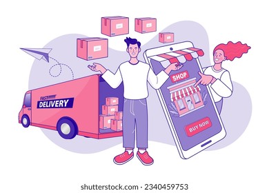 Online shopping. Ecommerce concept. Online delivery service concept. Fast delivery via mobile phone. Smartphone marketing and e-commerce. Vector outline illustration.