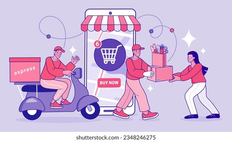 Online shopping. Ecommerce concept. Online delivery service concept. Fast delivery via mobile phone. Smartphone marketing and e-commerce. Vector outline illustration.